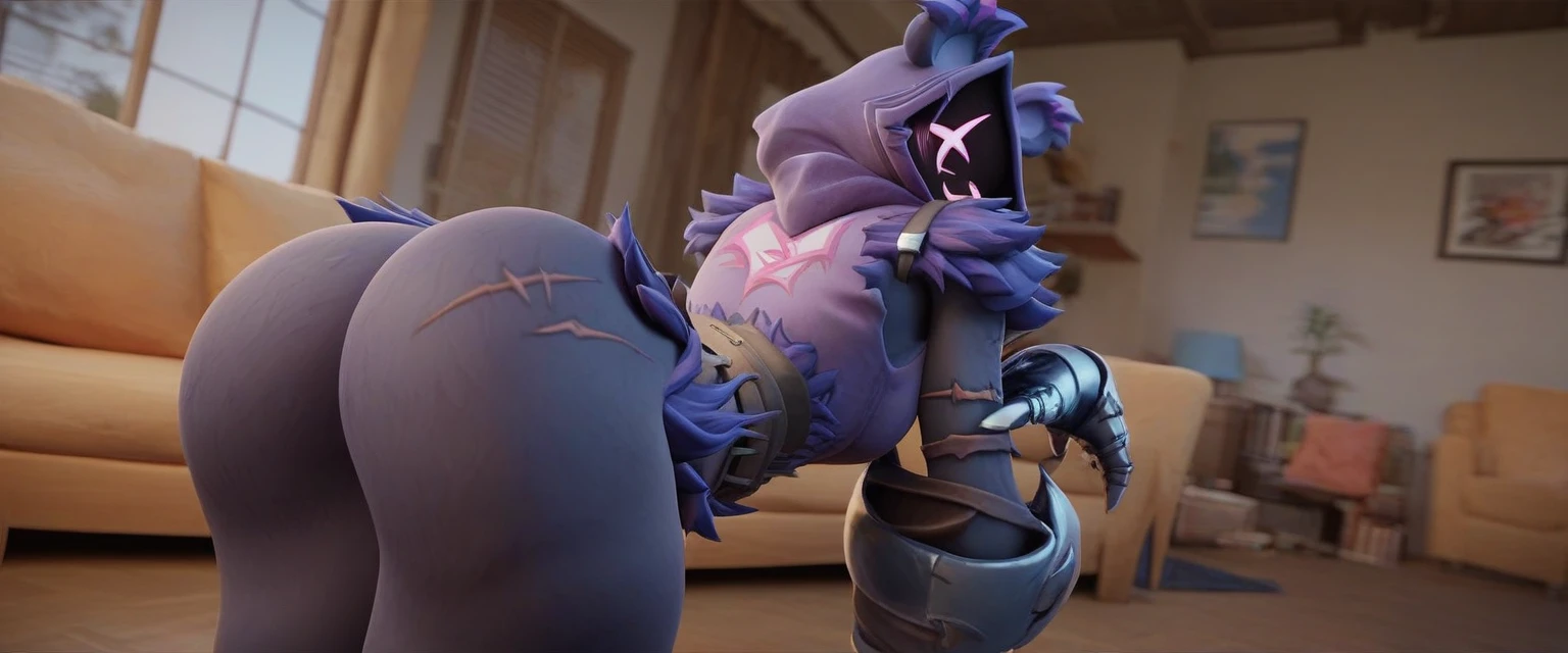 1boy, :3, Raven team leader,purple hoodie, with no face, shadowed face, animal ears,purple skin, scar on eye, body skin, purple fur, waist belt, torso symbol, metal gloves, highlight thighs, presenting the hindquarters, view from behind, in the living room, big butt