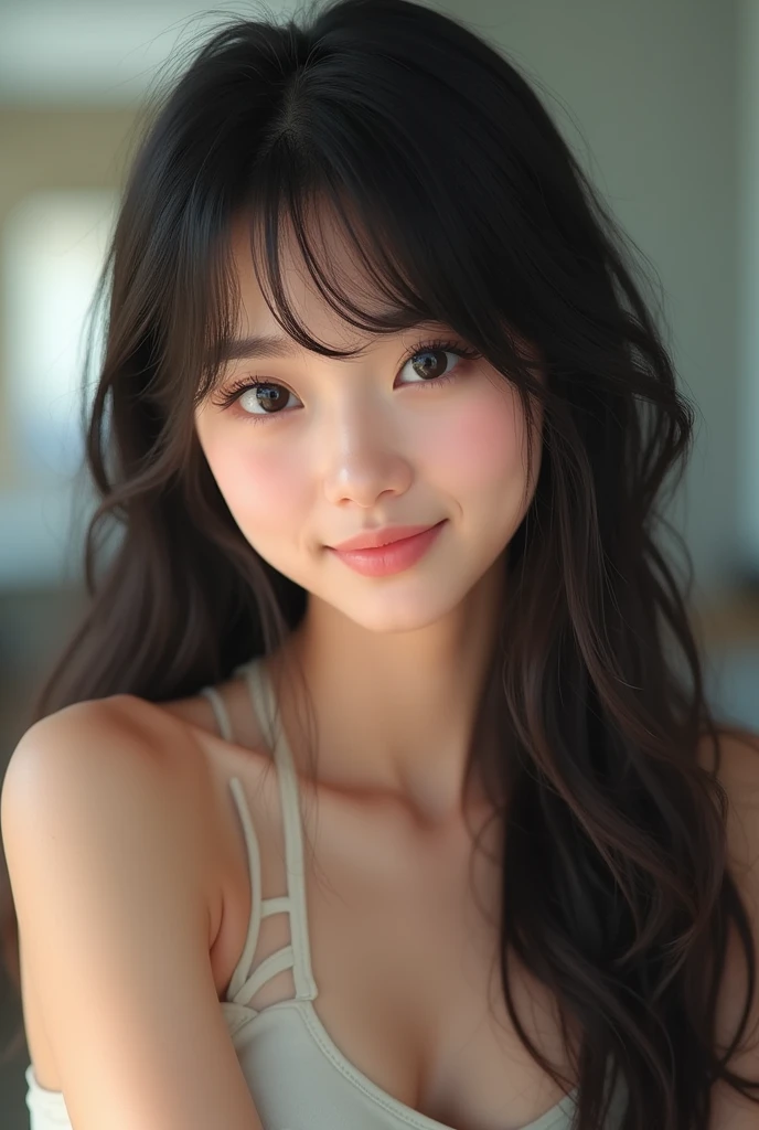 Realな写真、Japan people、、Idol、cute、bangs、Long Hair、Tank top、Detailed face and body、Natural lighting、High resolution、Photorealistic、(Highest quality、8k、High resolution、masterpiece:1.2)、Super detailed、(Real、Photorealistic、Photorealistic:1.37)、Realな肌の質感、Detailed eyes and lips、Beautifully detailed face、Long eyelashes、Smooth Skin、Natural body shape、
