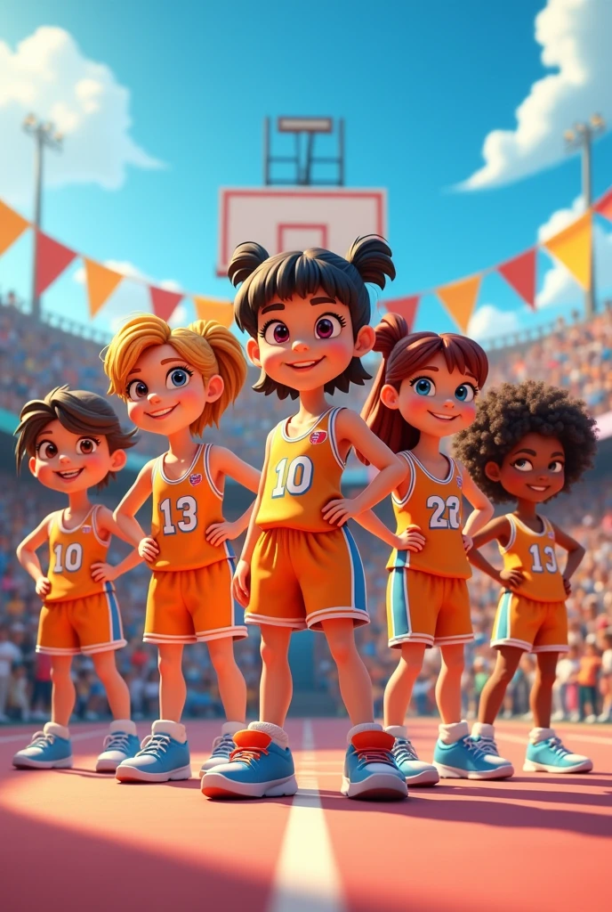 Nine girls in basketball team picture, cartoon characters. Nine individuals 3d cartoons
