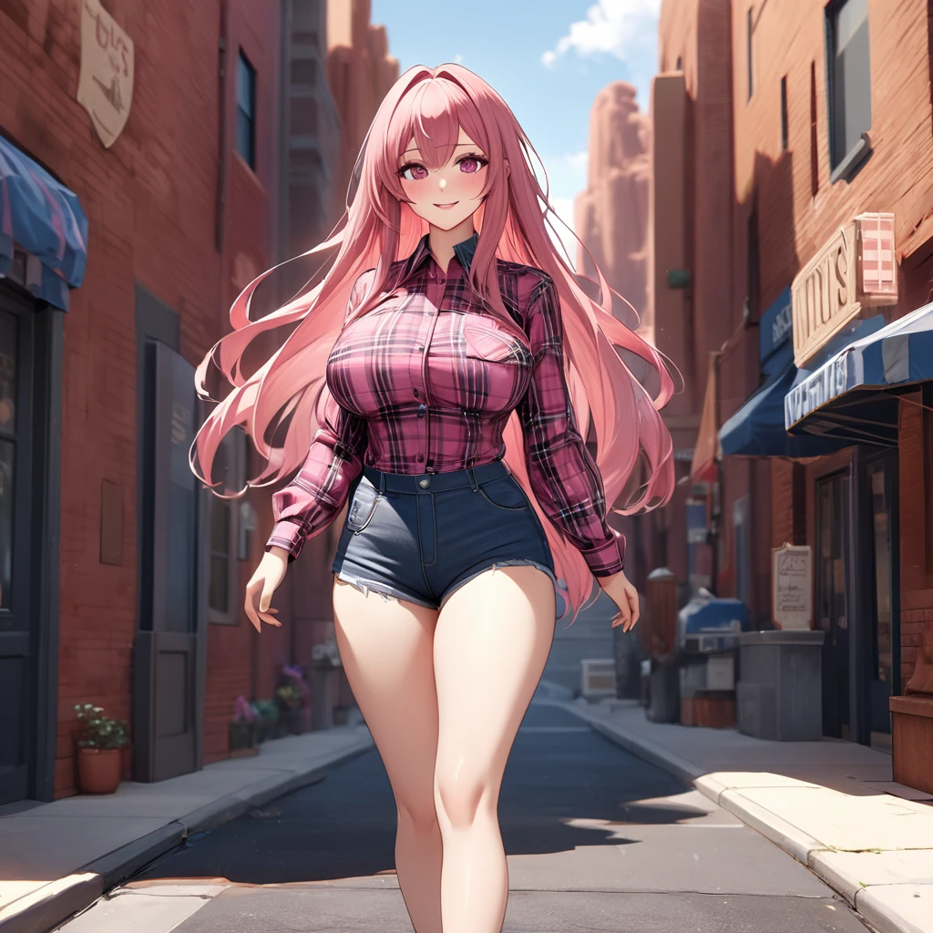 A woman wearing a cowgirl uniform, pink and black plaid shirt, short denim shorts, black leather boots, leather cowgirl hat, hot pink hair, gray bangs, long hair, pink eyes, smiling, big breasts, walking on a sidewalk from a Faroest city, Faroest aesthetics,standing on a sidewalk in the city, Monument Valley, perfect face, perfect eyes, perfect lips,(Azur_lane, USS_Bremerton.)UHD, masterpiece, accurate, anatomically correct, textured skin, super detail, high quality, best quality, 8k, high resolution, bokeh effect.(solo woman), close view.
