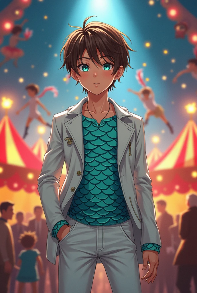 boy of average height, short, straight brown hair, snake-like eyes. He wears a white unbuttoned jacket that shows his body but is full of turquoise scales, that go from his belly to his face, he also wears white pants. This is in a circus show. anime style.
