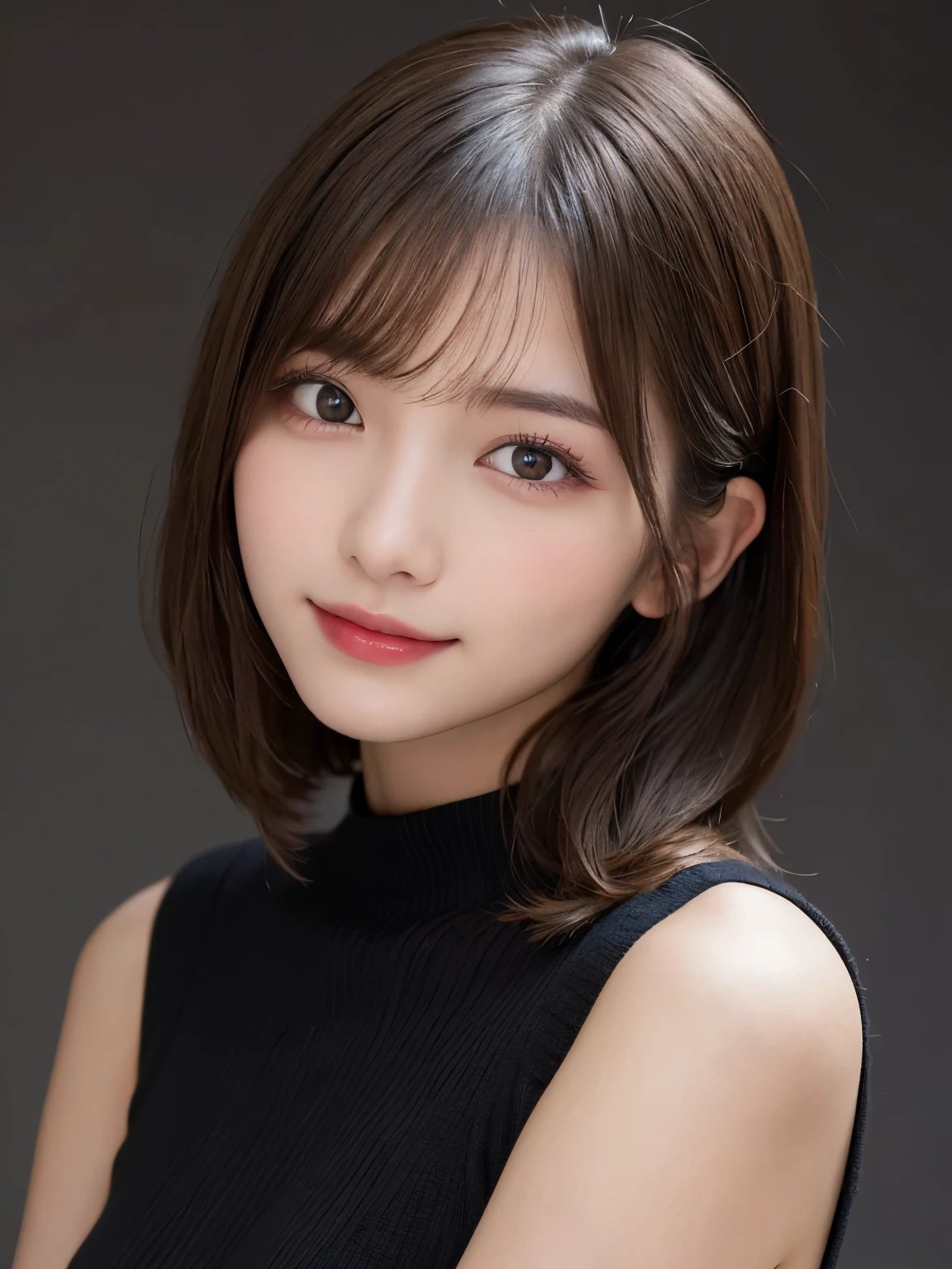 white background, half body portrait, bust shot, looks very happy, smile, one girl, (a beauty girl, delicate girl:1.3), (20 years old:1.3), break, (wear black knit dress), break, very fine eyes, (symmetrical eyes:1.3), break, E cup breasts, brown eyes, parted bangs, short hair, brown hair, (eyes and faces with detailed:1.0), break, (masterpiece, best quality, ultra detailed, detailed face, 8k)