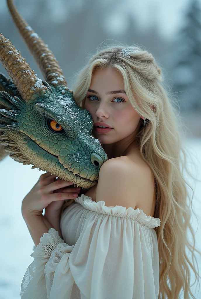 Beautiful with long blonde hair, Fine grain, nose, And lips, In the snow、Embracing a dragon , A down-to-earth woman who resembles Alisha Lehman(((masterpiece, Giant , ))), photographrealism, High Contrast, photographRealist, photograph, masterpiece, Realist, realism, photographrealism, High Contrast, photographRealist digital art trend on Artstation 8k HD high definition detailed Realist, detailed, Skin Texture, hyperdetailed, Realist Skin Texture, Highest quality, ultra High resolution, (photographRealist: 1.4), High resolution, detailed, raw photograph, Sharp Fire, Kodak Portra 400 Camera F1 Lens.6 rich colors hyper Realist texture dramatic lighting irrealengine trend in artstation cinestill 800.