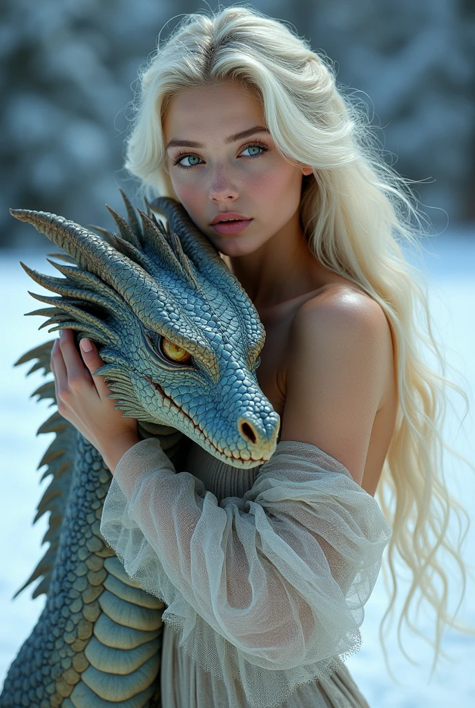 Beautiful with long blonde hair, Fine grain, nose, And lips, In the snow、Embracing a dragon , A down-to-earth woman who resembles Alisha Lehman(((masterpiece, Giant , ))), photographrealism, High Contrast, photographRealist, photograph, masterpiece, Realist, realism, photographrealism, High Contrast, photographRealist digital art trend on Artstation 8k HD high definition detailed Realist, detailed, Skin Texture, hyperdetailed, Realist Skin Texture, Highest quality, ultra High resolution, (photographRealist: 1.4), High resolution, detailed, raw photograph, Sharp Fire, Kodak Portra 400 Camera F1 Lens.6 rich colors hyper Realist texture dramatic lighting irrealengine trend in artstation cinestill 800.