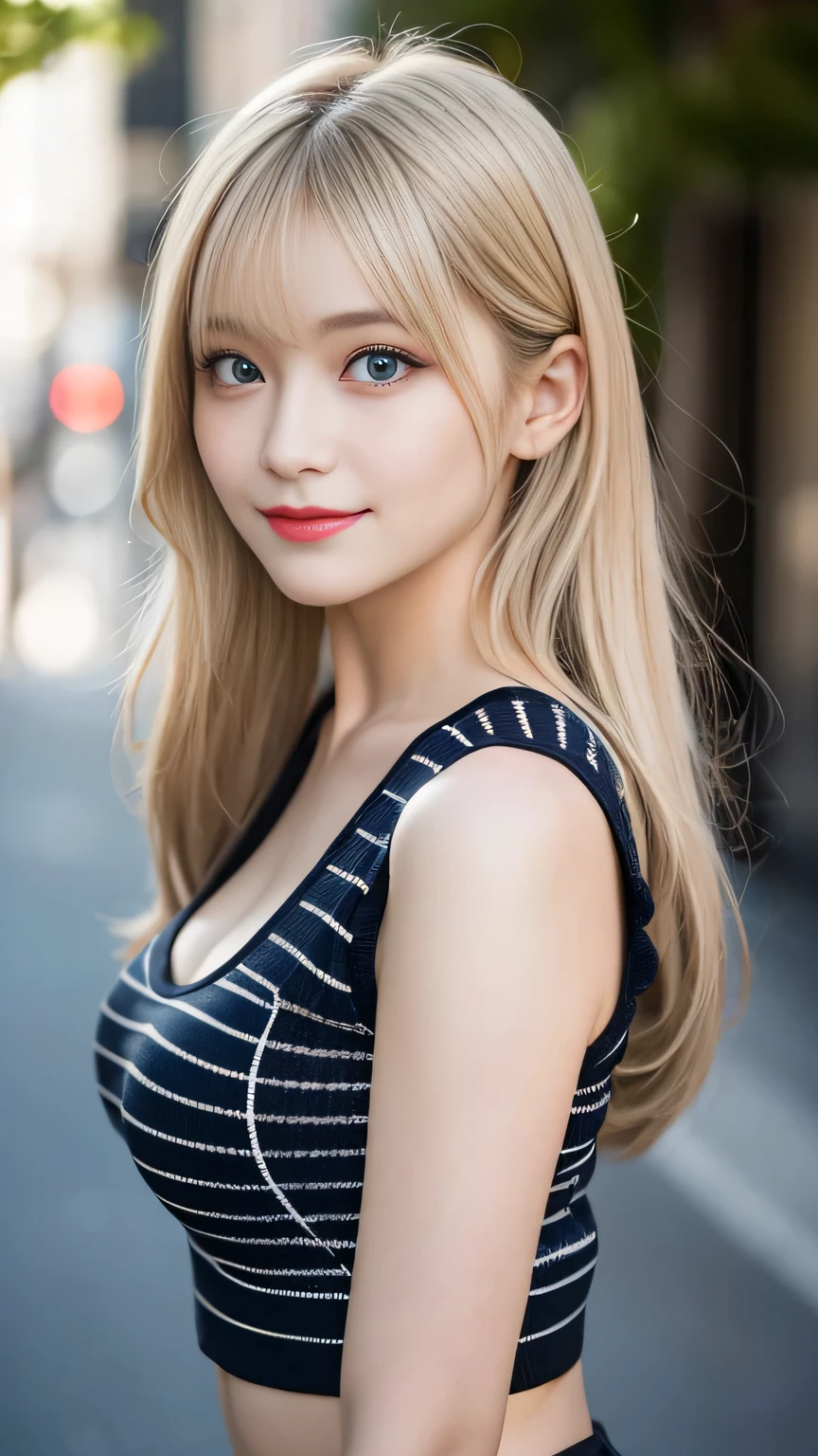 Highest quality、8K masterpiece、Ultra-high resolution、(Realistic:1.3)、RAW Photos、Beautiful Scandinavian blonde、Beautiful shining platinum blonde hair、Super long straight hair、Bangs between the eyes、Very beautiful bright light blue eyes、Very big eyes、Eyes shining at the camera、Neon Details、Small Face Beauty、Round face、Cheek gloss highlighter、Sexy big boobs,13 year old beautiful girl is sexy and cute & Cute beautiful sexy face, A strong wind blows my hair in front of my face,Beautiful super long metallic blonde straight hair、Beautiful, cute and sexy eyes hidden behind long bangs、Belly button shirt、Very short yellow and black checkered miniskirt、Turn around and look at me with a smile、