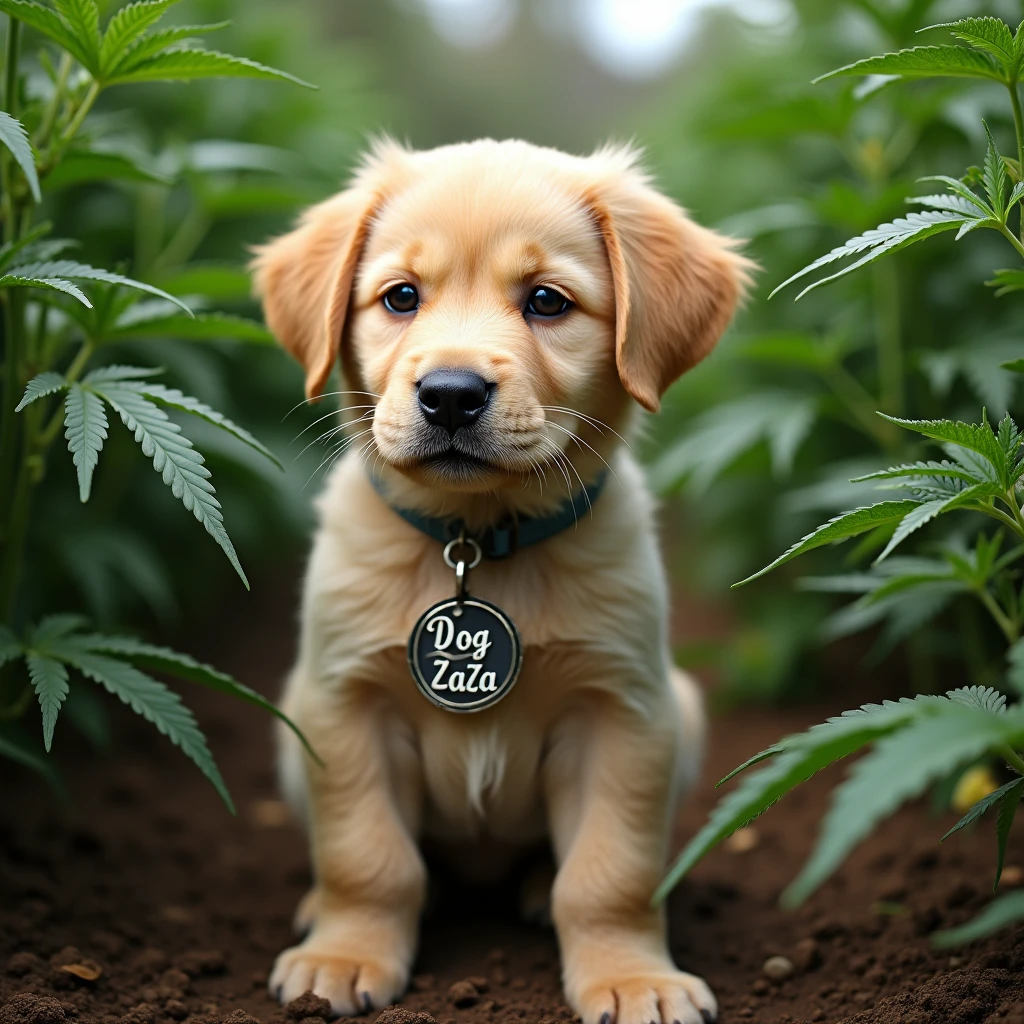 Puppy in a cannabis plantation with a pendant that reads DogZaZa