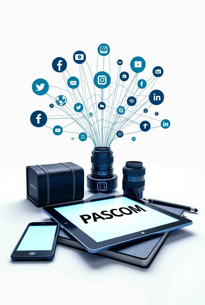 Image of smooth points of interconnected digital communication connections , Facebook , instagramart, YouTube wifi network , Photographic machine,cellular , notebook, computer, Holy Bible, Daniel de Samarati, Catholic Church,Tablet turned on forming the name PASCOM ..white background