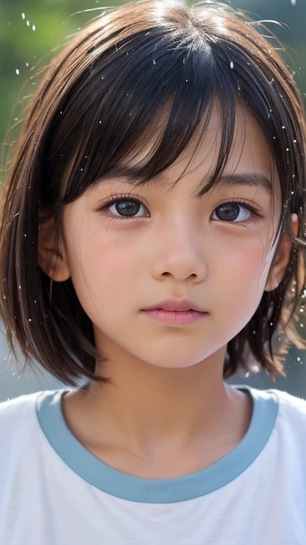 Highest quality、Realistic、、zoom、、Girl、look up、cute、Light grey eyes、Black Hair、Short Hair、boyish、Tanned brown skin、Dark Skin、Light Blue T-Shirt、heavy rain、soaked、Crying face、Face close-up、thin