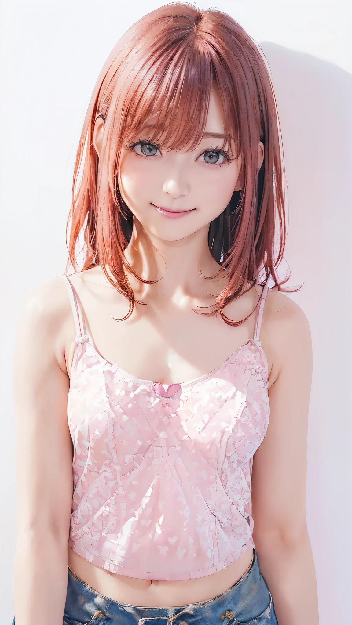 (((Cowboy Shot、Women's solo shots、Oil、Pure white wall background、masterpiece、Highest quality、High resolution)))、Redhead、Bob Hair、(((Wearing a pink camisole)))、(((Heart patterned camisole)))、Fashionable hairstyles、Red cheeks、((No Shadow、Frame In))、Cute Face、((Small breasts))、((Smiling shyly))、((Embarrassed look))、