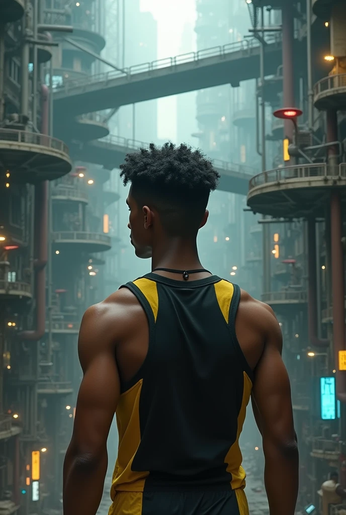 Black, muscular 18-year-old teenage boy, short black hair with round curls and bright yellow eyes wearing a black and yellow tank top. In a futuristic underground city with gray tones from factory pollution. Above several floating walkways