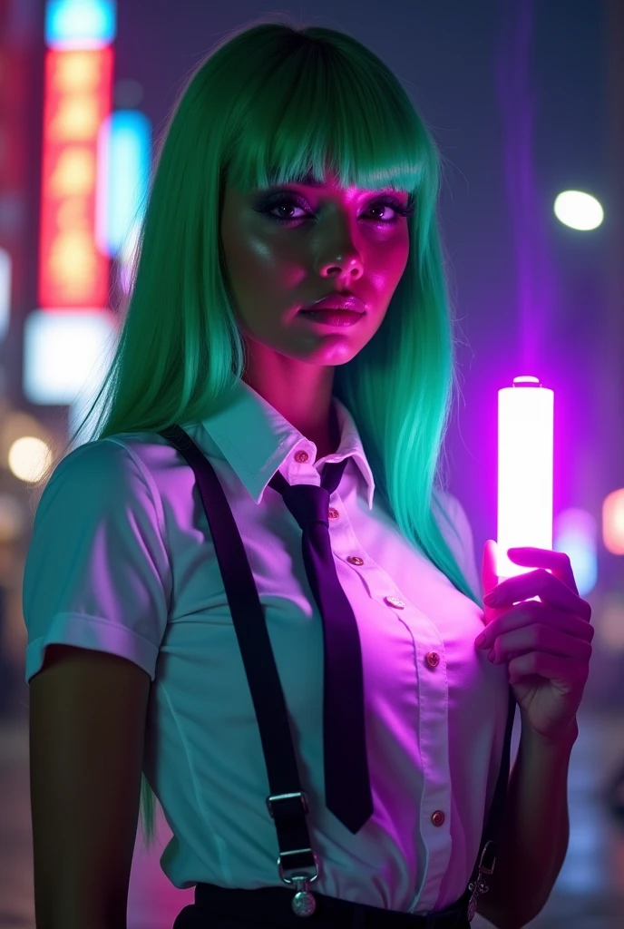 Mulatto woman with straight green hair, with white t-shirt, suspenders and black tie holding a battery that emits purple rays, purple rays in the eye. powerful