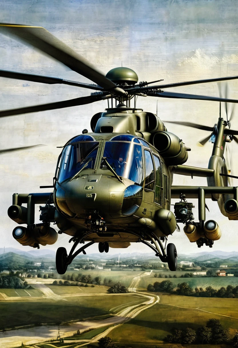 ((high quality:1.2)), (8k), extremely detailed, ((High detail:1.2)), ((best resolution:1.4)), masterpiece, ((Work of art)), (((Leonardo da Vinci style painting))), modern combat helicopter, helicopter with military and radical equipment, 