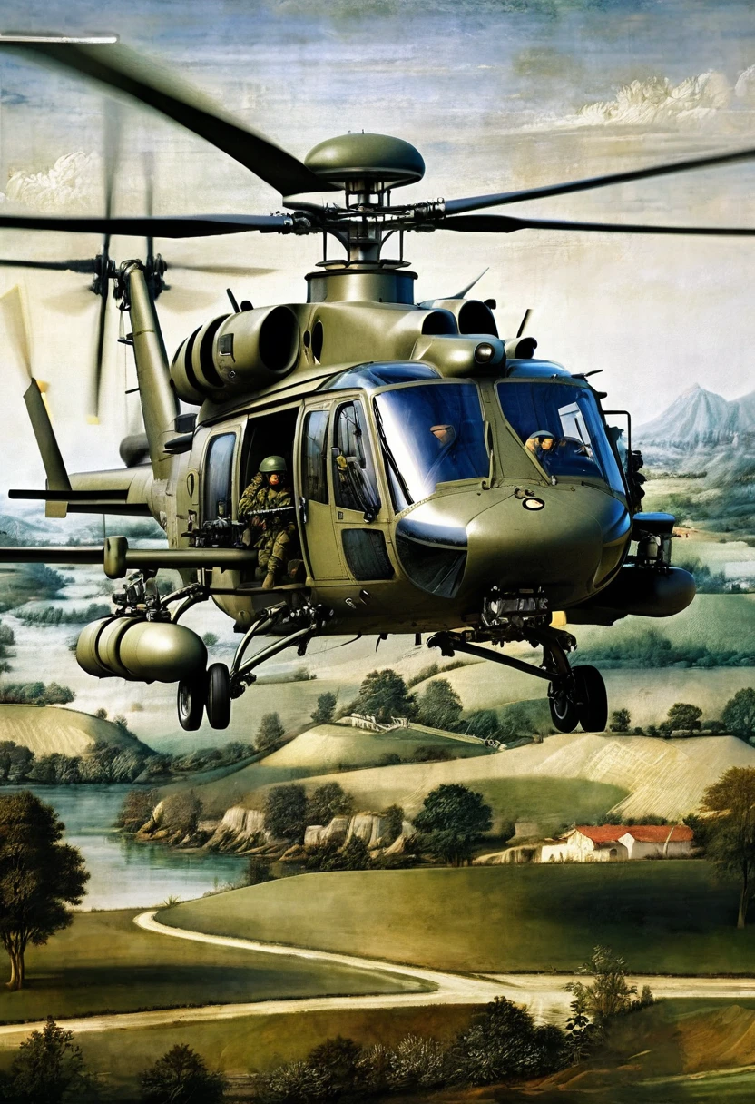 ((high quality:1.2)), (8k), extremely detailed, ((High detail:1.2)), ((best resolution:1.4)), masterpiece, ((Work of art)), (((Leonardo da Vinci style painting))), modern combat helicopter, helicopter with military and radical equipment, 