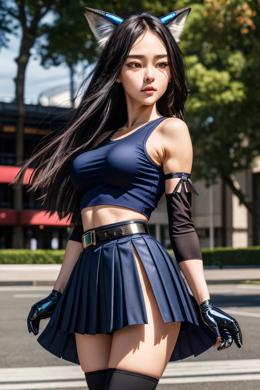 ((masterpiece)), ((best quality)), ((ultra-detailed)),((hyperrealistic)),(japanese cute girl),(shiny skin),1girl,(forehead),black hair,long hair,(black big eyes,tareme,droopy eyes),(slenderbody,small breasts),,dynamic angle,,(cheerleader, belt, fox tail, fox ears, crop top, blue skirt, pleated skirt, midriff, detached sleeves, elbow gloves,outdoors, stadium, blurry background),