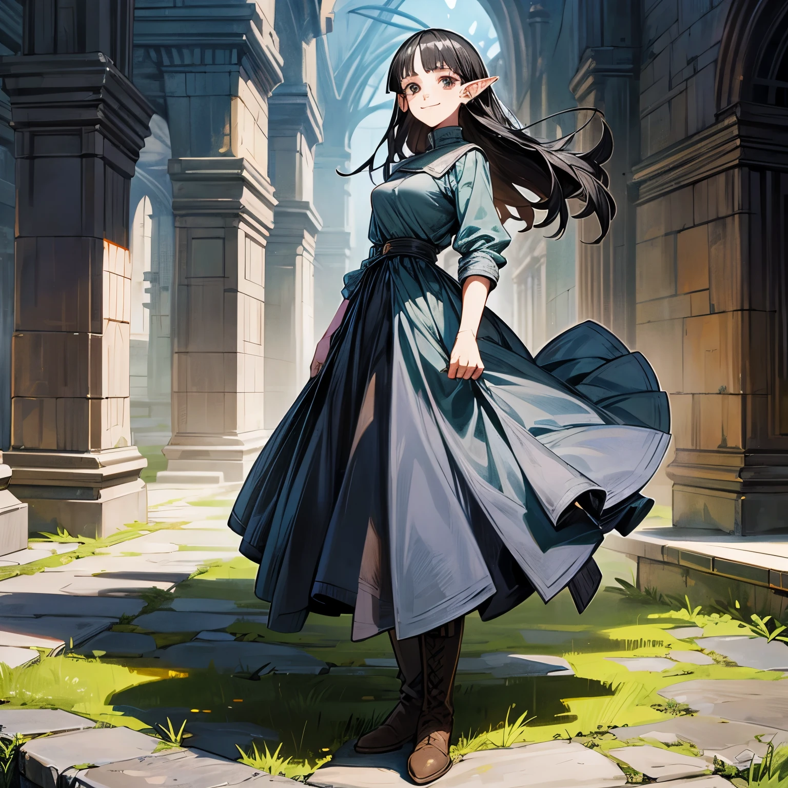 Solo character, full body version, old girl, (elf), black eyes, black color hair, long haircut, blue dress clothing, brown jeans, boots, Hoop earring, outdoor, town, medieval, standing gesture, detailed background, detailed clothing, detailed hair, (Hunter x Hunter style art), big breast, happy eyes, smile mouth 