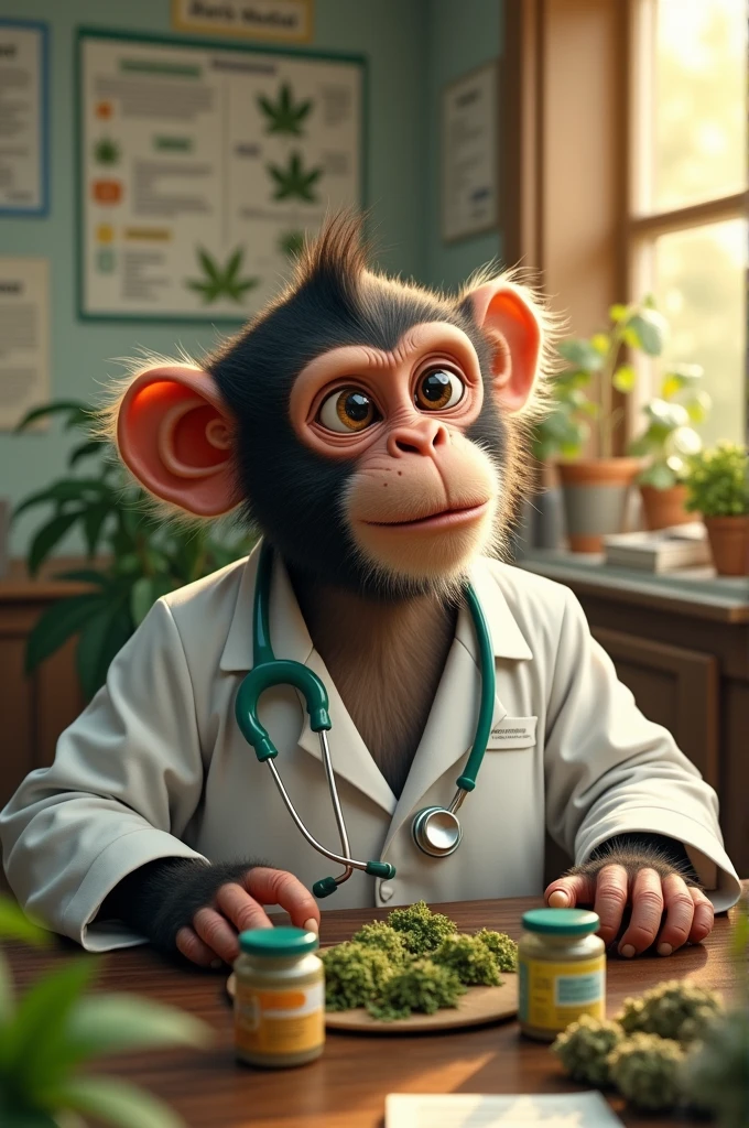A monkey dressed in a doctor's coat with a stethoscope hanging around his neck. Sitting at his desk, poring over weed