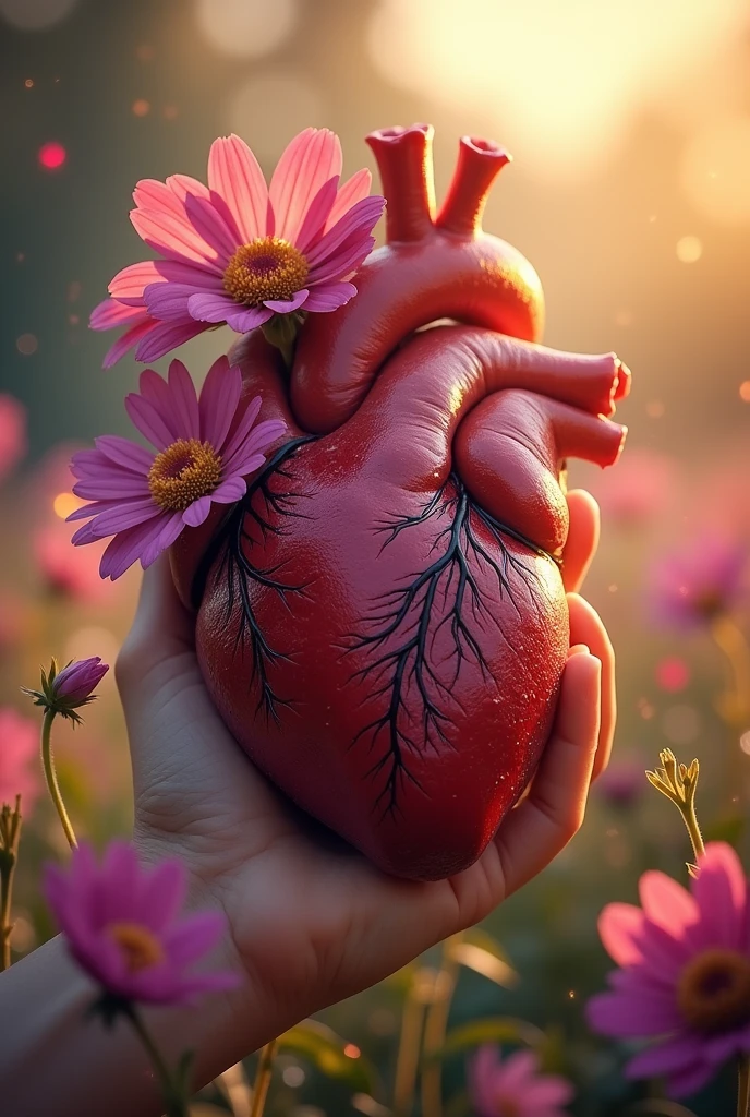 Drawing of a human heart being crushed with flowers blooming from its arteries and veins