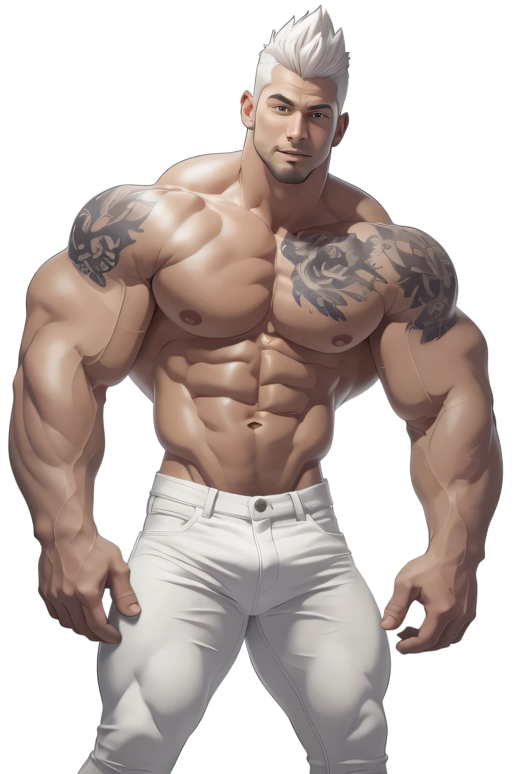Handsome, short spiky anime hair, clear face, clear eyes, muscular body, muscular arms, huge pectorals, abs, huge arms and hands, wearing white jeans, tattooed neck and body, Cropped feet,white background