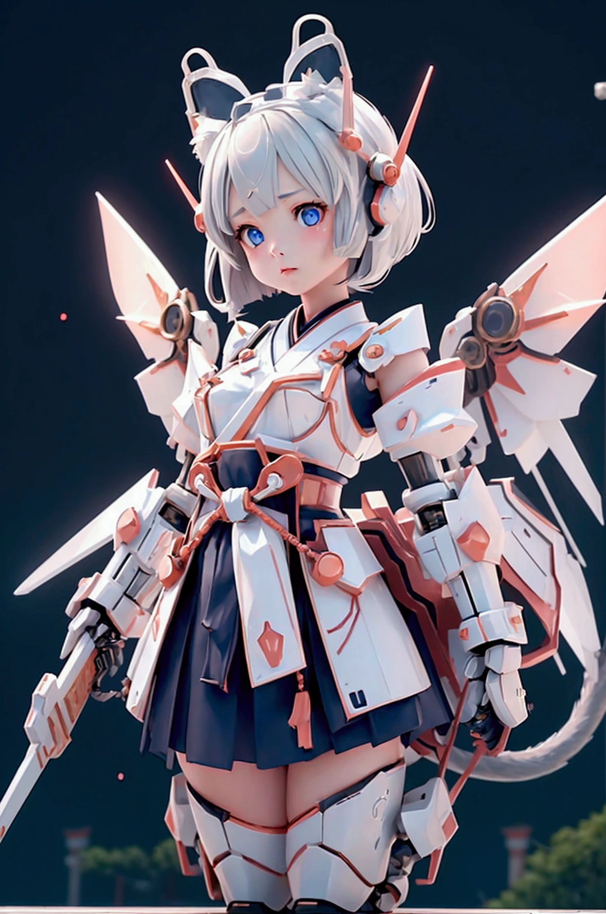 {(Japanese young girl)}, (She is fused with a Gundam mecha from the future.:1.1), White Theme, With headgear, With V fin , ((Unarmored tear)), ((Unarmored stomach)), ((Unarmored upper arm)), ((Unarmored face)), (Unarmored hand), (Non-armored waist), ((Unarmored thigh)), (Unarmored ankle), Japanese wearing a white Miko-style Hakama,   whole body:1.5, ((Shrine torii gate background)), Multi-layer texture perfect ratio, Octane Rendering, Duotone Lighting, Low ISO, wide aperture, White balance, Three-part method, Ultra HD 16k, High resolution (High Dynamic Range), Ray Tracing, NVIDIA, Super Resolution, Scattered beneath the surface, PBR Texturing, Post-processing, Anisotropic Filtering, Depth of written boundary, Maximum clarity and sharpness, Highly efficient subpixels, Subpixel Convolution, Particles of light, Scattered Light, Tyndall effect, whole body:1.5, dorsal position, cute, (cute:1.2), (Bobcut:1.3),(Cat ear), Silver Hair, Light-colored irises, Shining blue eyes, Long eyelashes, Small, light-colored, natural lips, (The average face of the Japan idol), Small jaw, Visible side boob, (Mechanical Wings), Have a weapon,巨大なHave a weapon, Has a very large shield, , Asymmetrical body,View your viewers,Focus on the eyes,Sleek and intimidating design, (Four perfect fingers, One thumb)