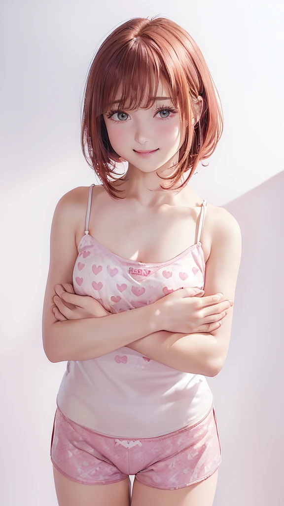 (((Cowboy Shot、Women's solo shots、Oil、Pure white wall background、masterpiece、Highest quality、High resolution)))、Redhead、Bob Hair、(((Wearing a pink camisole)))、(((Heart patterned camisole)))、Fashionable hairstyles、Red cheeks、((No Shadow、Frame In))、Cute Face、((Small breasts))、((Smiling shyly))、((Embarrassed look))、(((Hands together in prayer)))