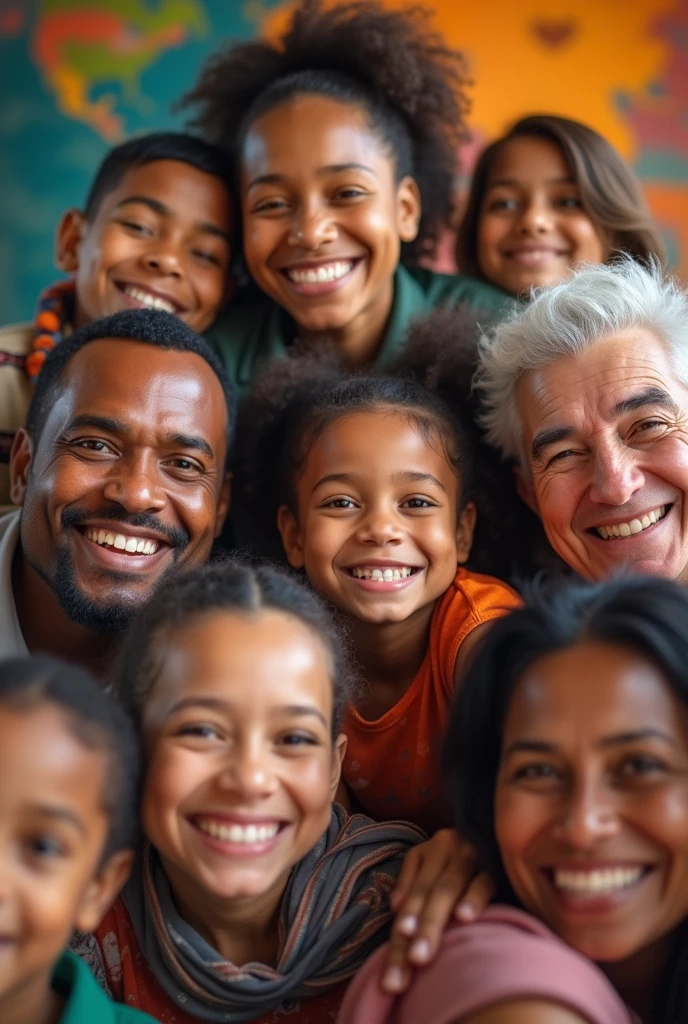 A close-up of different people smiling, of all ages and backgrounds