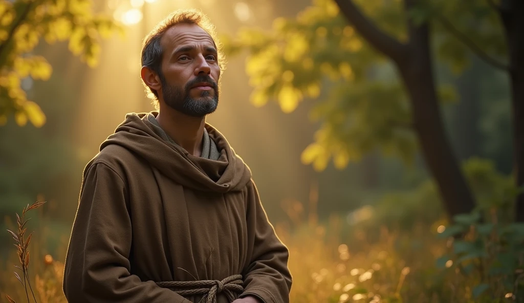 In a captivating YouTube thumbnail, a highly realistic Saint Francis of Assisi is depicted in the corner with the background artfully blurred to highlight his presence. His facial features, reflecting profound humility and kindness, exude a peaceful and serene aura. Dressed in simple brown robes with a rope belt, his gentle expression and subtle details in the fabric create a sense of spiritual depth. The thumbnail invites viewers to appreciate the saint’s devotion and connection to nature.