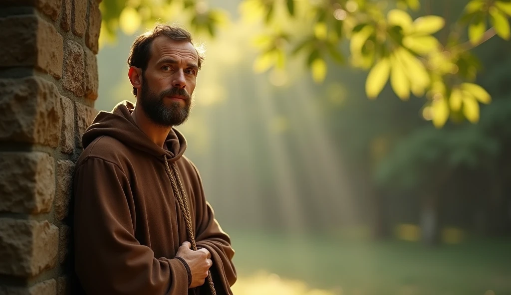 In a captivating YouTube thumbnail, a highly realistic Saint Francis of Assisi is depicted in the corner with the background artfully blurred to highlight his presence. His facial features, reflecting profound humility and kindness, exude a peaceful and serene aura. Dressed in simple brown robes with a rope belt, his gentle expression and subtle details in the fabric create a sense of spiritual depth. The thumbnail invites viewers to appreciate the saint’s devotion and connection to nature.