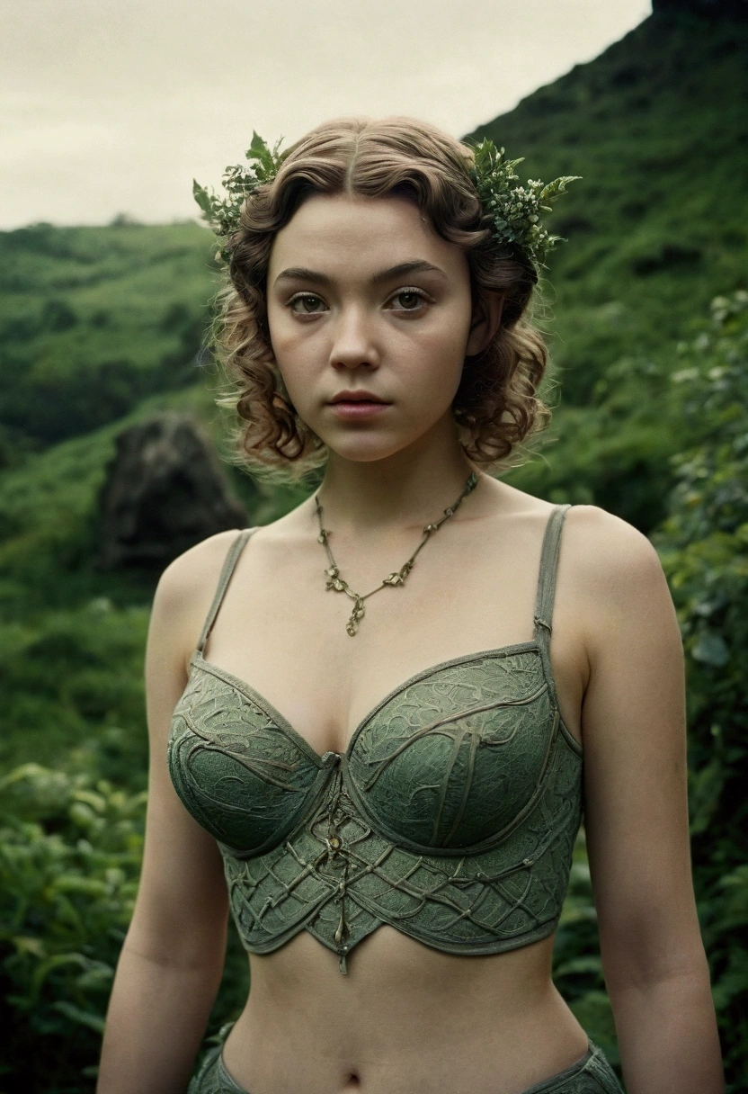 analog film photo, photo of an elven maiden, 18 years old, elf ears, curly brunette bob cut, Amazonian stature, toned hourglass figure, busty breasts, narrow waist, full wide hips, big plump buttocks, wearing a lacey bra and a lacey thong, resembles Margaery Tyrell, strolling along a fantasy landscape, RAW Photograph, dslr, soft lighting, high quality, film grain, Fujifilm XT3, detailed skin with visible pores, insane details, masterpiece, 8k, 35mm photograph, dslr, kodachrome, faded film, desaturated, grainy, vintage, Lomography, stained, highly detailed, found footage, close-up shot, elven ears