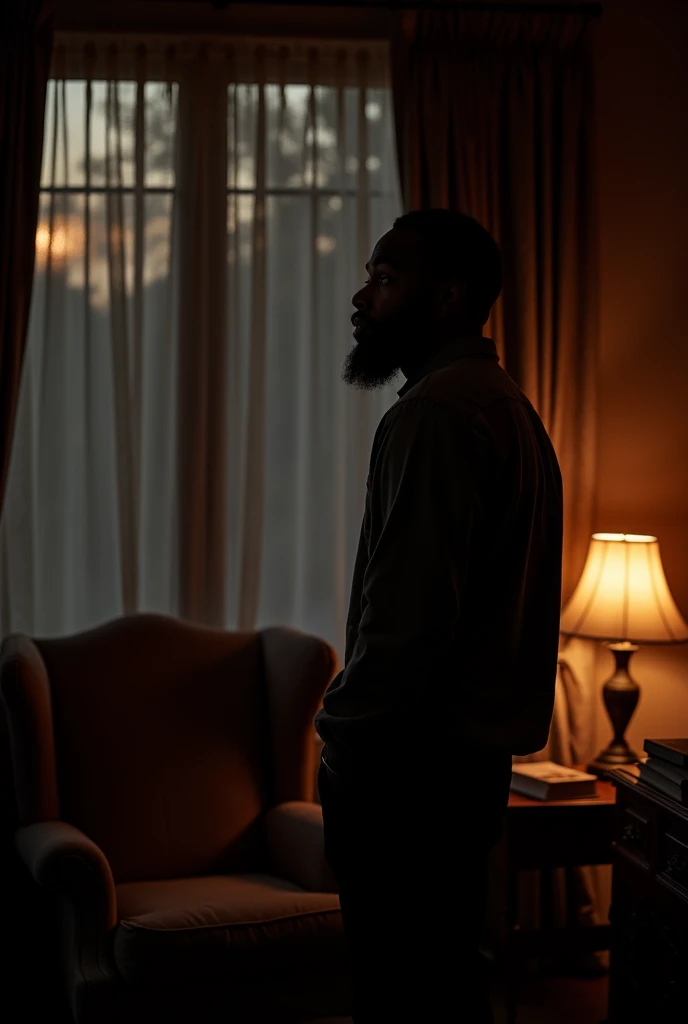 A Black man in a dark home
