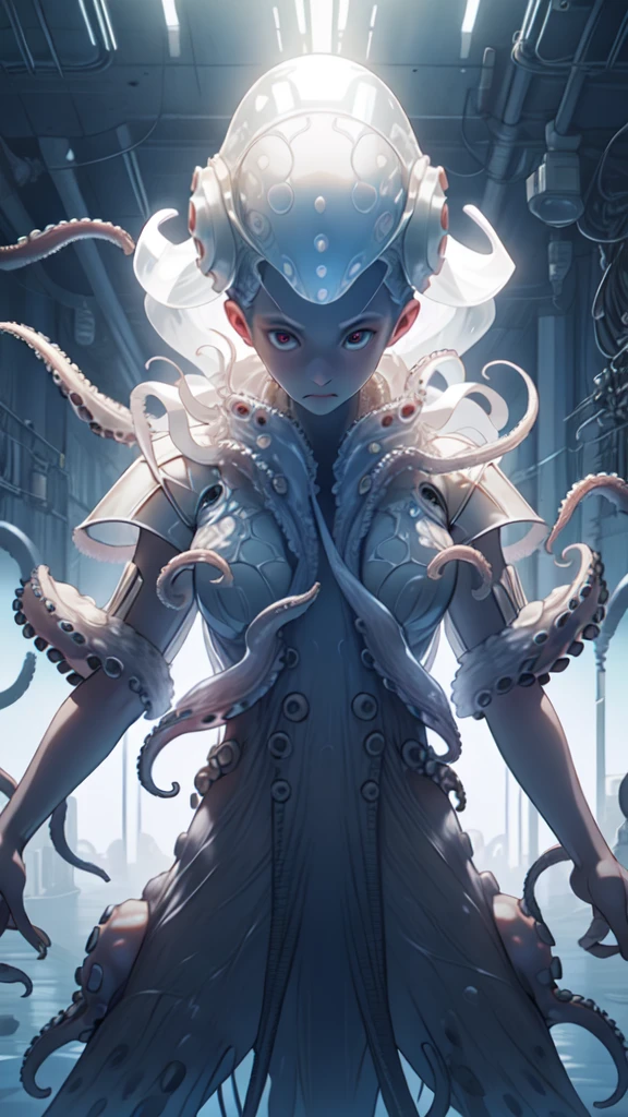 1girl, octopus white armor cyber girl, octopus tentacles, octopus suction cups, (transparent), elegant, long white hair, (translucency), cutting-edge design, hyper detail, ultra detail, volumetric light, (huge mechanism octopus monster) in background, cinematic light, Biopunk AI, brilliance, mucus,wet, look at viewer, organic tubes attaching to neck, wires and cables on head, character focus, science fiction, octopus skin((full body))