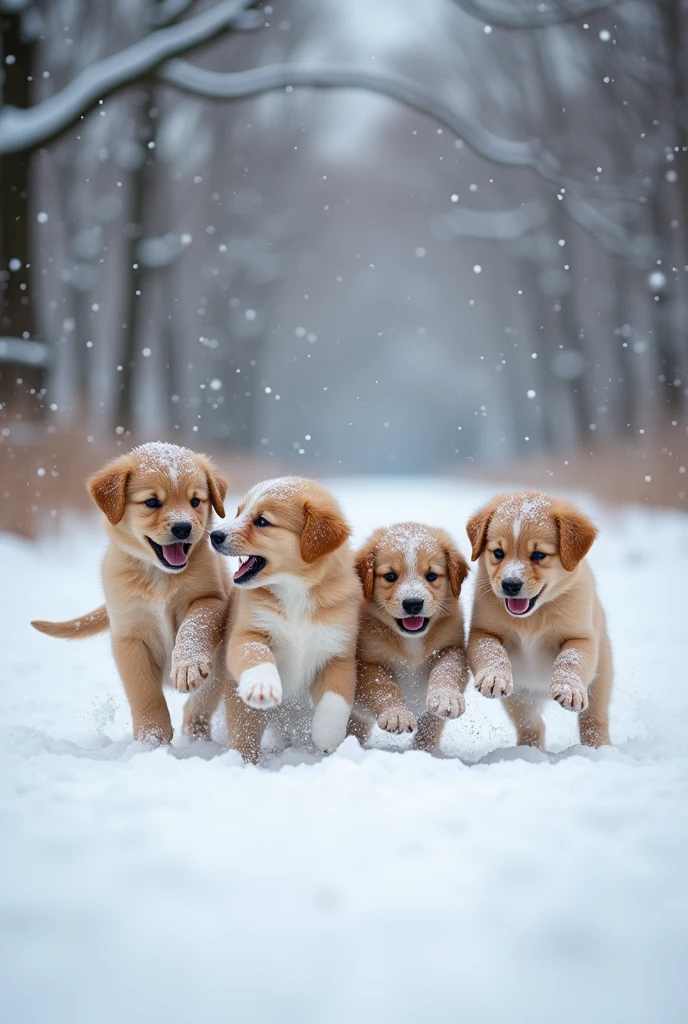 Little puppies are playing in the snow