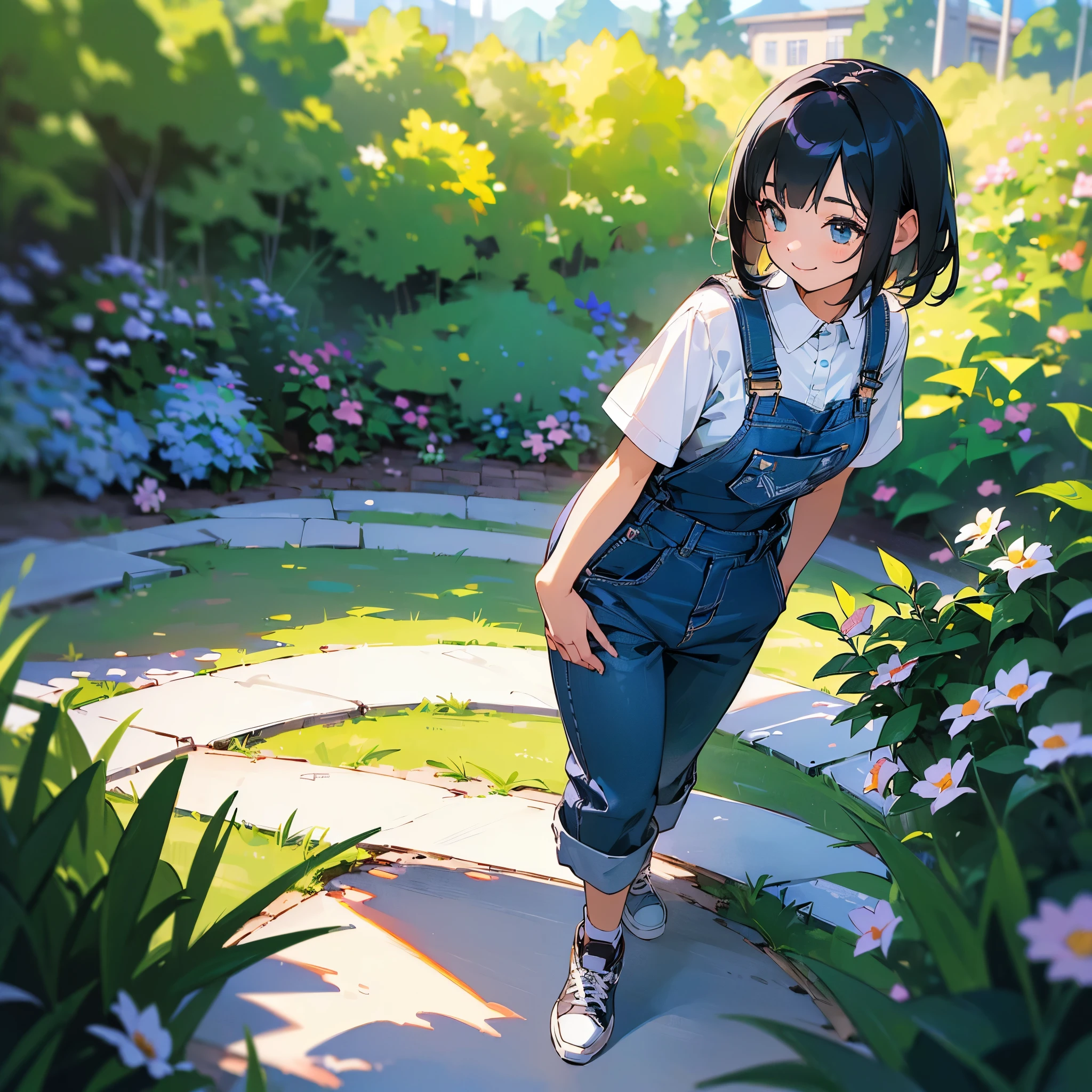 (high quality, High resolution, Very detailed, reality:1.37), Peaceful atmosphere, (Outdoor, garden), Teenage girl standing alone, (my breasts are big.), Beautiful details, Cute Smile, (Black bob hair), Short sleeve shirt, Overalls, Blue socks, sneakers.