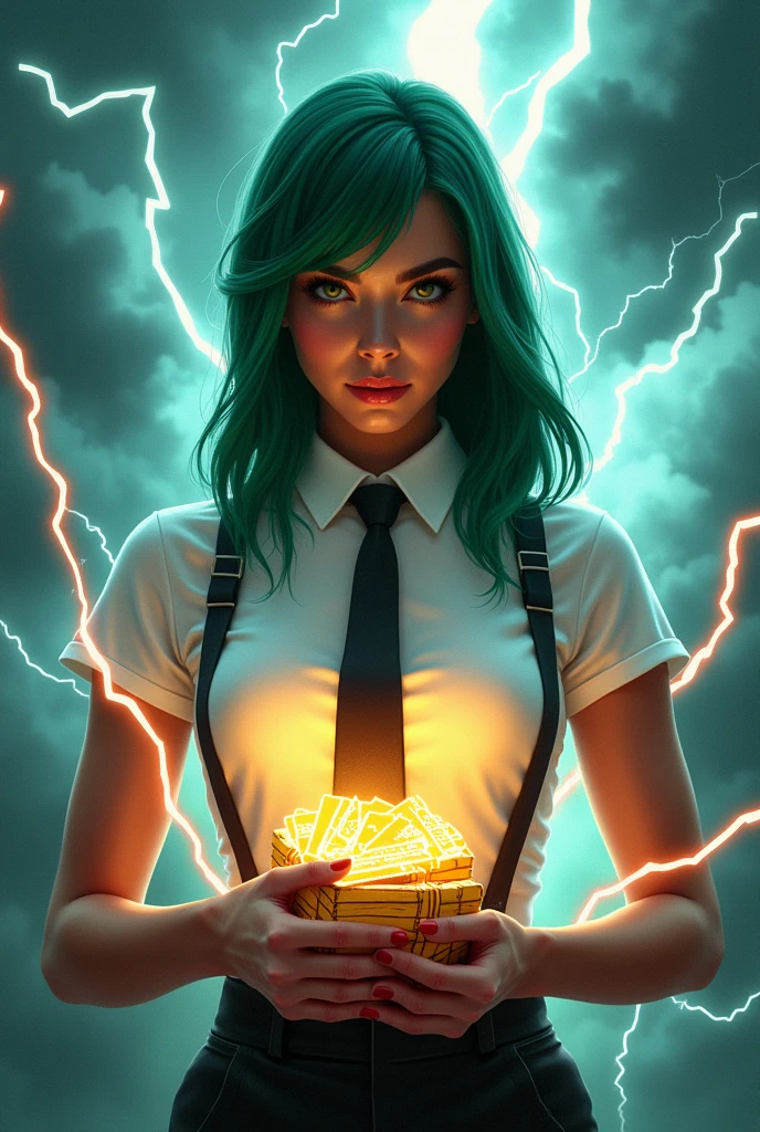 Mulatto woman with straight green hair, with white t-shirt, suspenders and a black tie holding a pile of Super Powers of lightning