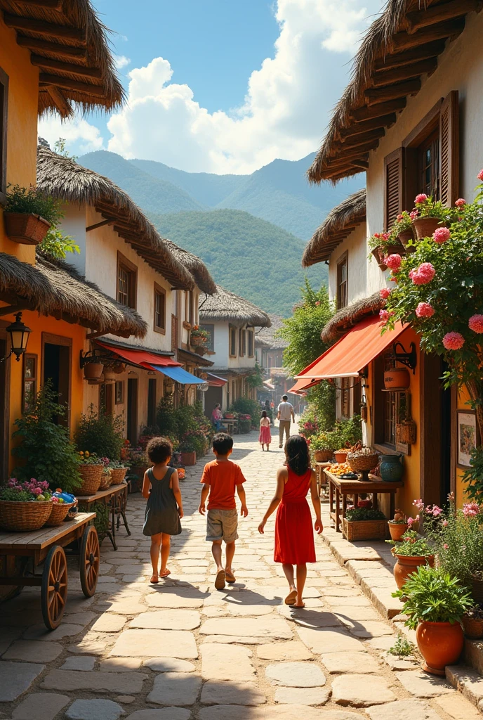 draw a small village with no science and technology and the kids are playing with each other, and the people there uses hand made tools and some street vendors, and put many house