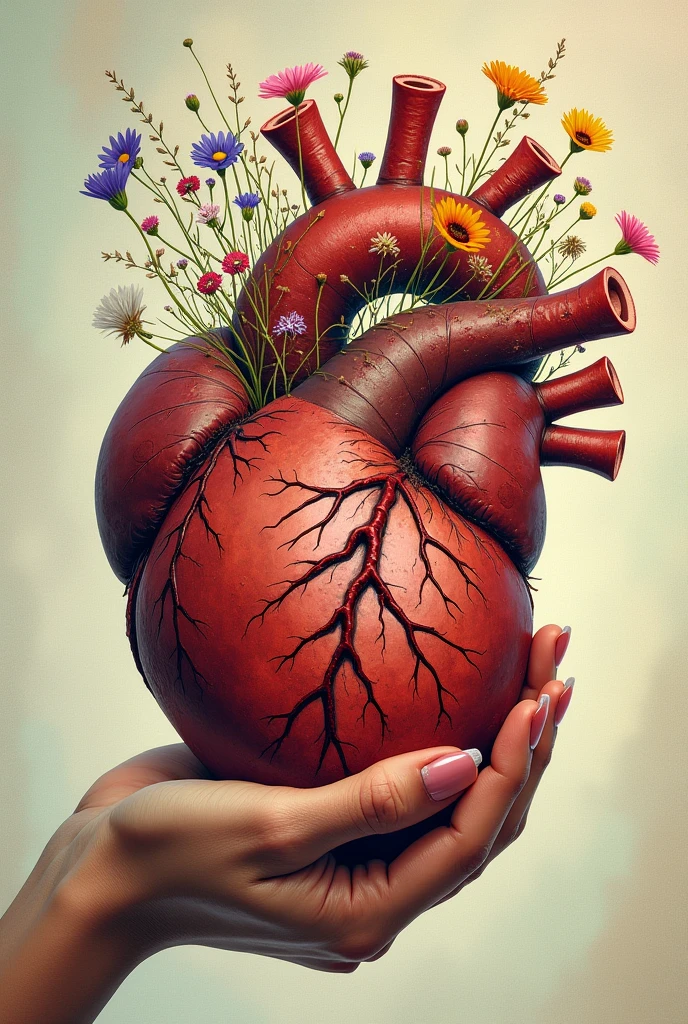 Drawing of a human heart being crushed and bruised by a woman's hand, with wildflowers emerging from its arteries and veins.