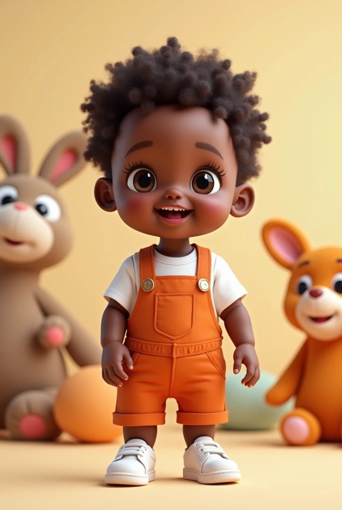 Baby cartoon style
. One-year-old baby boy with black skin and dark brown hair, small nose and ears, smiling, wearing a terracotta orange romper with a white shirt underneath and white sneakers