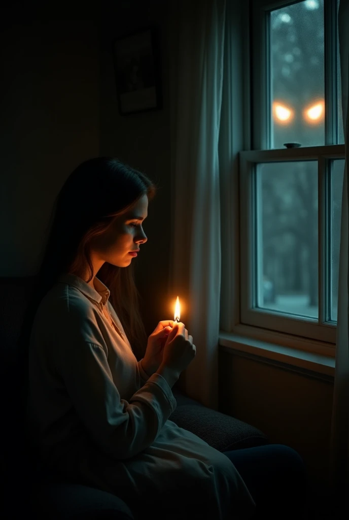 A woman sits in the darkness of her home, with a trembling candle in hand. outside the window, bright eyes watch her intently.