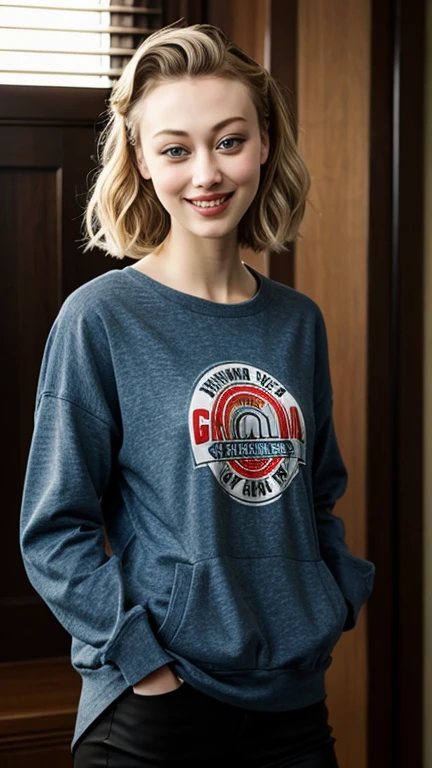 Sarah Gadon wearing radical clothes and smiling