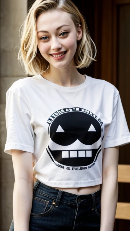 Sarah Gadon wearing radical clothes and smiling
