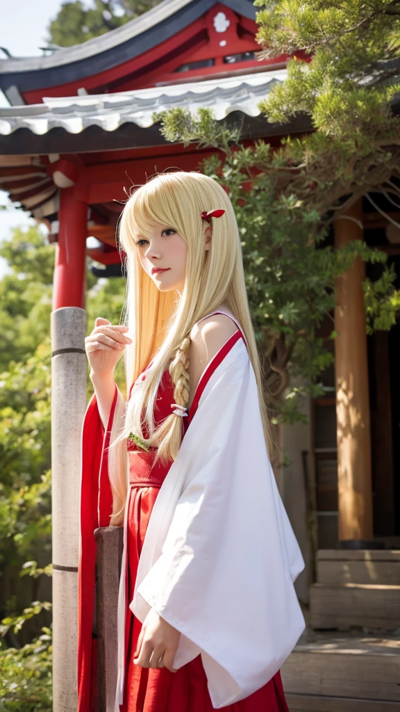 Shrine Maiden Long Hair, Blonde, One person,
