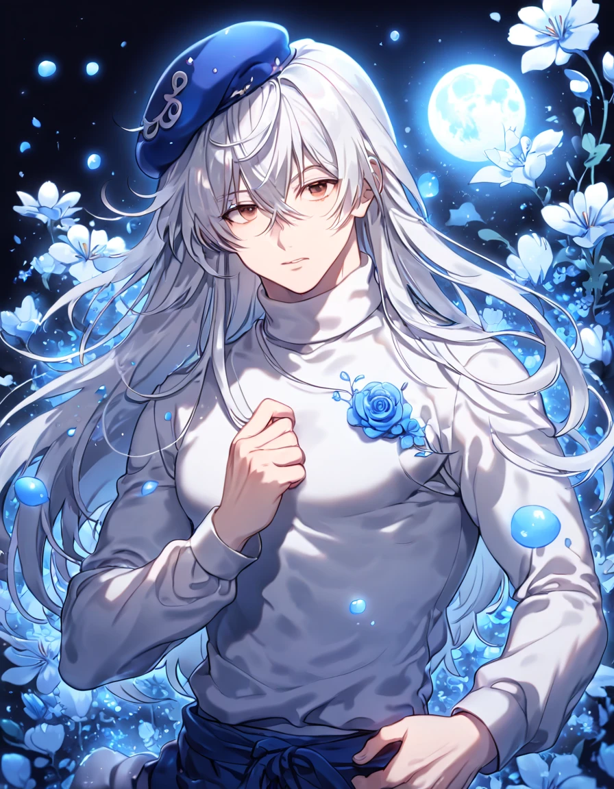 absurdres, highres, ultra detailed, HDR, master piece, Kite, white hair, long hair, hair between the eyes, expressive brown eyes, blue beret, white turtleneck shirt, long sleeves, Hunter x Hunter, sexy man, best quality, blue moon, flowers, fantasy, magical, sensual, handsome, water, blue shining fireflies, blue petals, manly man, blue flames,