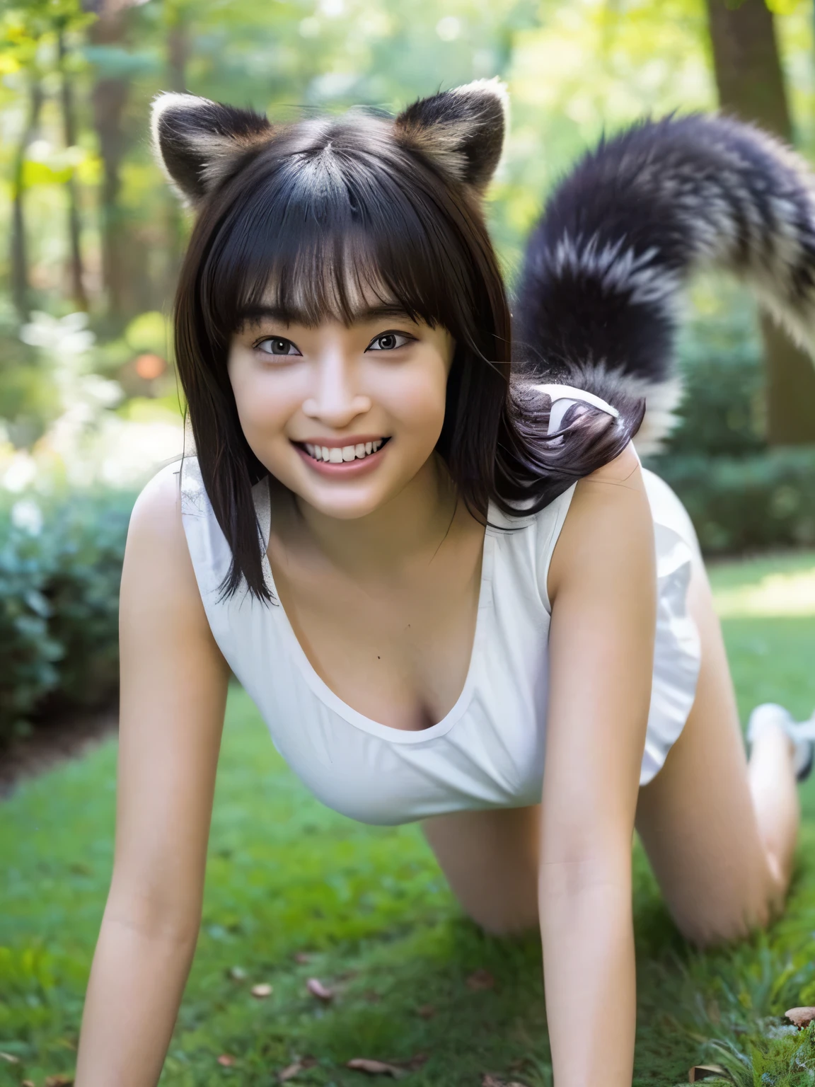 ((highest quality, 32k)), ((masterpiece)), (Familiar), Perfect Face, raccoongirl, Pretty girl, Company Office, Has a tail, She has a northern fox tail., She stands up her fluffy tail, Dog collar, Beautiful hip line, She is wearing underwear, A big tail sticks out, smile, Climb on all fours, Nice body