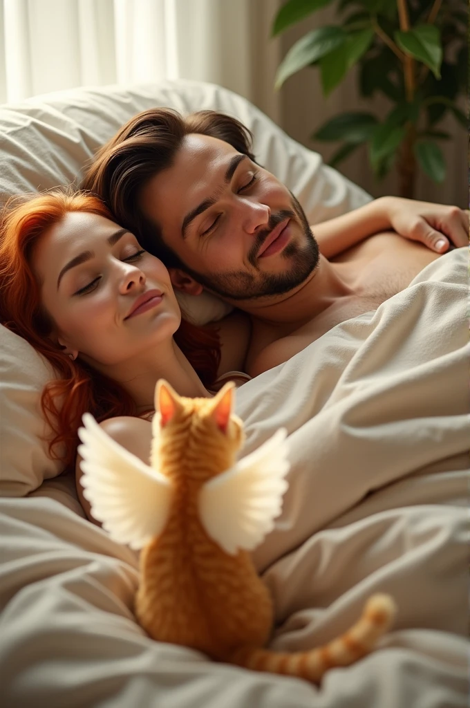 Realistic image of a brunette man with a goatee and shoulder-length hair lying in bed with a red-haired woman with long hair. They are calm and receiving the visit of a yellow angel-winged cat.