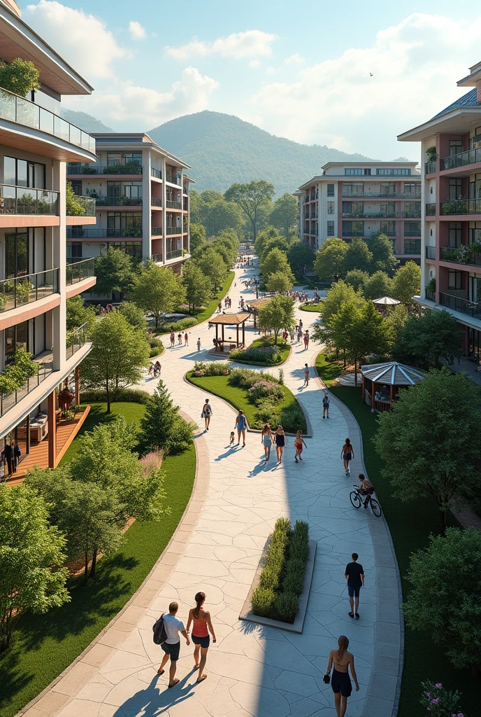 create an urbanization with a residential area with 3-story blocks, shopping area, educational and recreational on an L-shaped plot