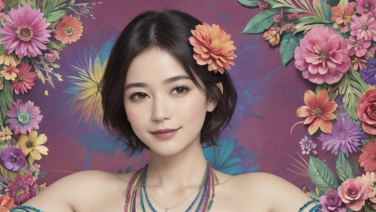 272 (20-year-old woman,short hair), (masterpiece, Highest quality, beautiful:1.2), Very detailed, (Fractal Art:1.1), (colorful:1.1), (flower:1.3), whole body, (Abstract background:1.3), (Many colors:1.4), (Old-fashioned smile), (Hawaii)