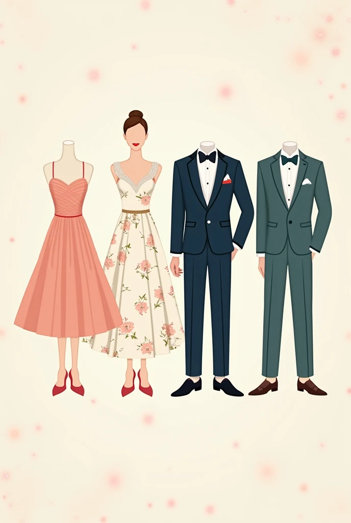 I need an image of the clothing to give references to the wedding guests for the dress code, which will be cocktail style. The drawings can be Disney style. minimalist