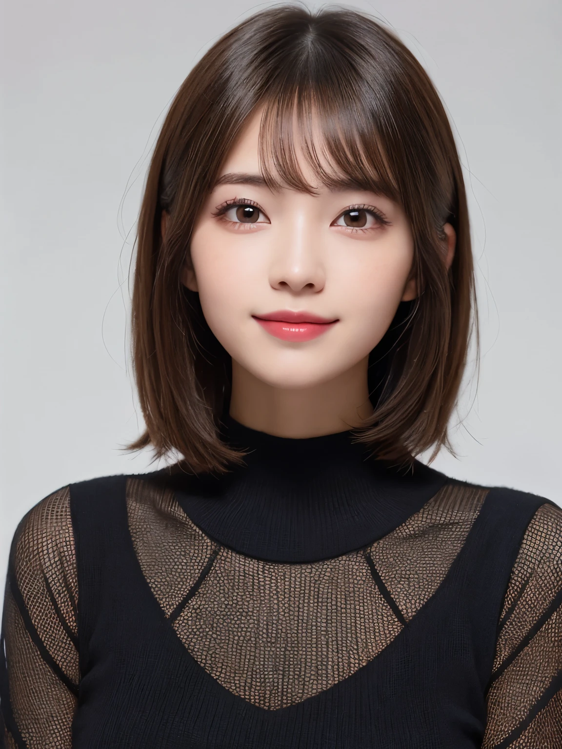 white background, half body portrait, bust shot, looks very happy, smile, one girl, (a beauty girl, delicate girl:1.3), (20 years old:1.3), break, (wear black knit dress), break, very fine eyes, (symmetrical eyes:1.3), break, E cup breasts, brown eyes, parted bangs, short hair, brown hair, (eyes and faces with detailed:1.0), break, (masterpiece, best quality, ultra detailed, detailed face, 8k)