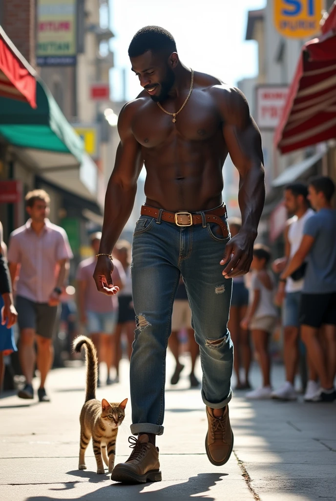 un homme noir et grand qui bat une chat dans la rue avec ces pieds