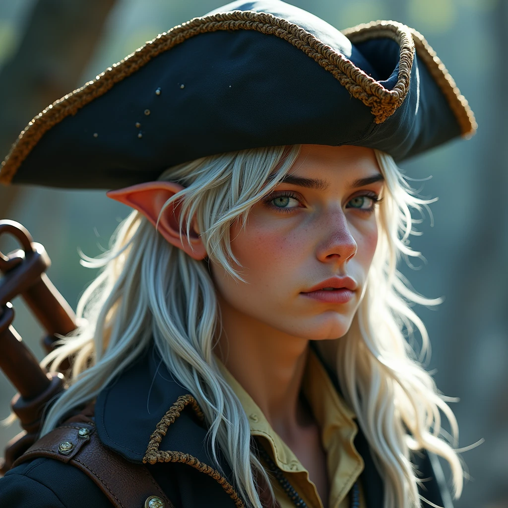 White haired astral elf archeologist male with pirate hat