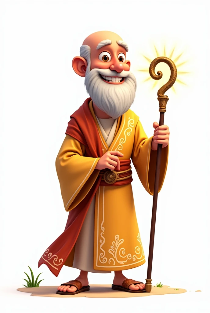 the prophet elias, calvo, smiling, with a cane in hand, Animated Cartoon with white background